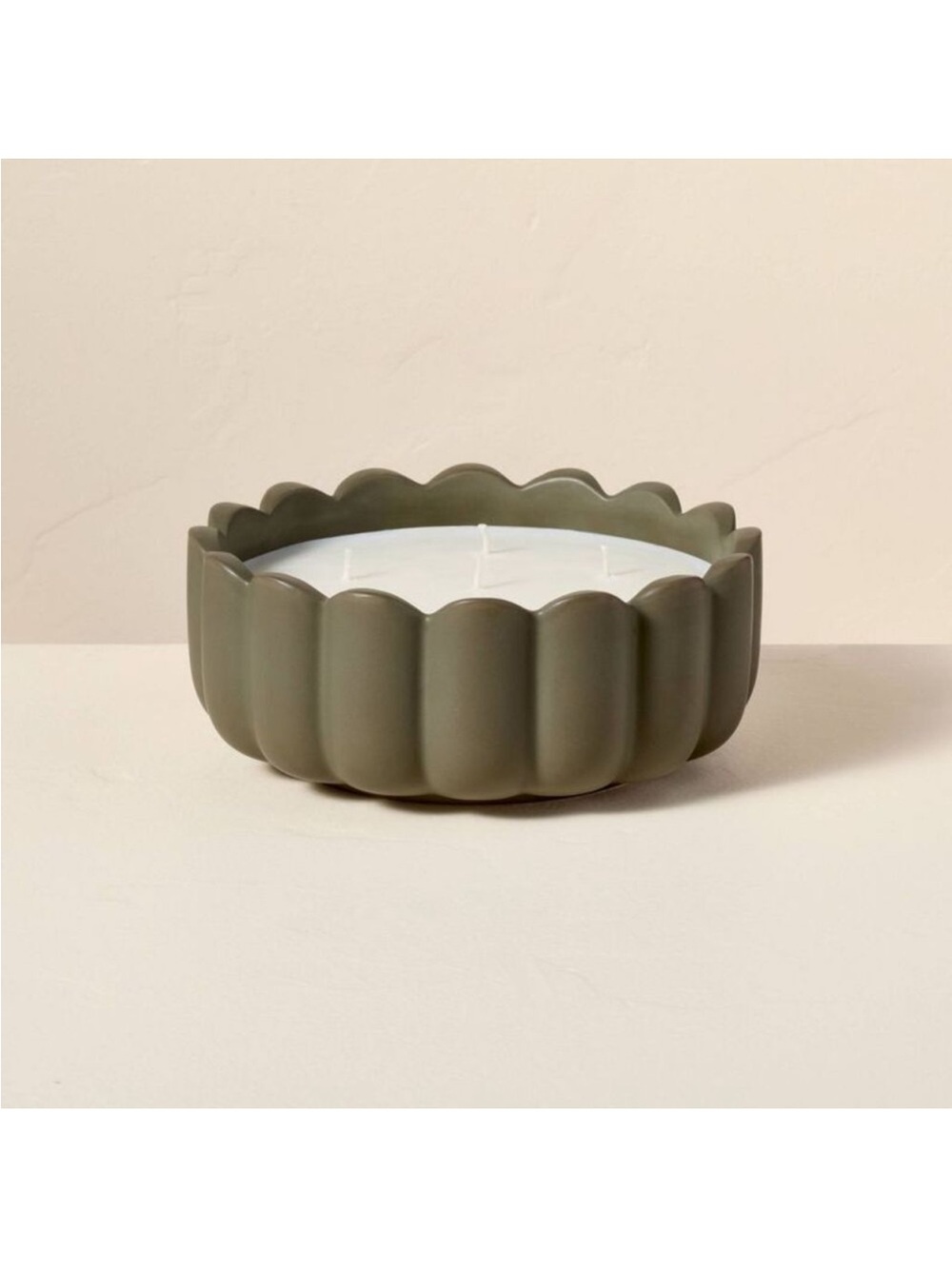 Hearth & Hand Fall 6 Wick Ceramic Scalloped Rim Leather and Tonka Jar Green